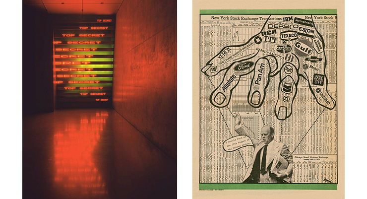 Jenny Holzer, “Red, Yellow, Looming”; Emory Douglas, The Black Panther newspaper.